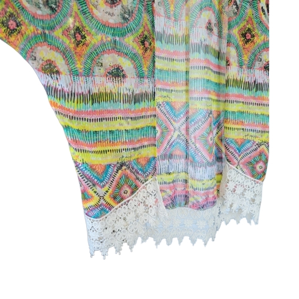 Love Fire Boho Festival Kimono Lace Hem Colorful Cover Up M - Picture 5 of 8